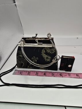 Source Unknown Black Mini Frame Bag with Silver Handle and Gold Dragon Print